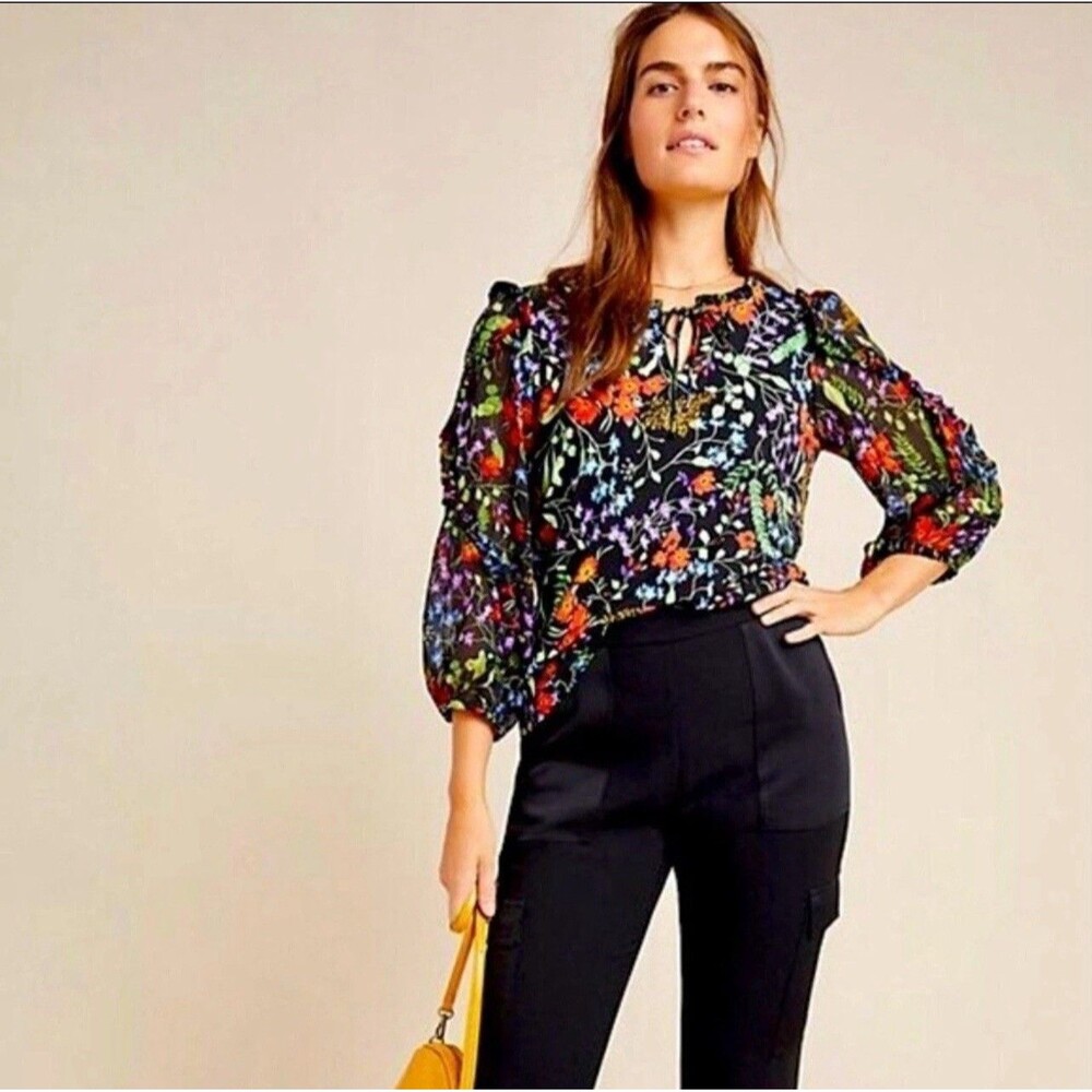 Anthropologie Maeve Top XS Jacquin Peasant Blouse Floral Ruffle Sheer Sleeve‎